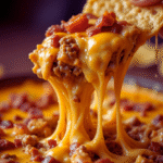 Sizzling Bacon Cheeseburger Queso dip 3 Close-up of sizzling bacon cheeseburger queso dip with melted cheese and crispy bacon bits