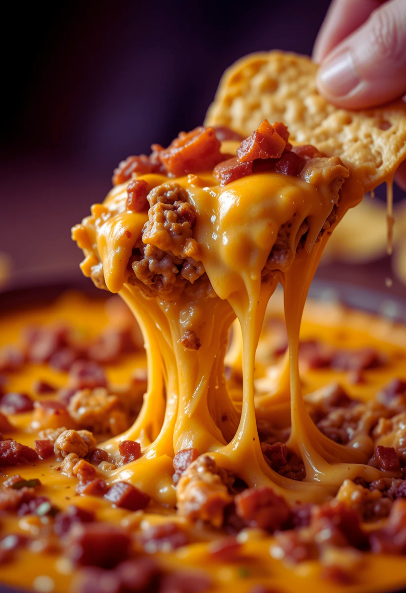 Close-up of sizzling bacon cheeseburger queso dip with melted cheese and crispy bacon bits