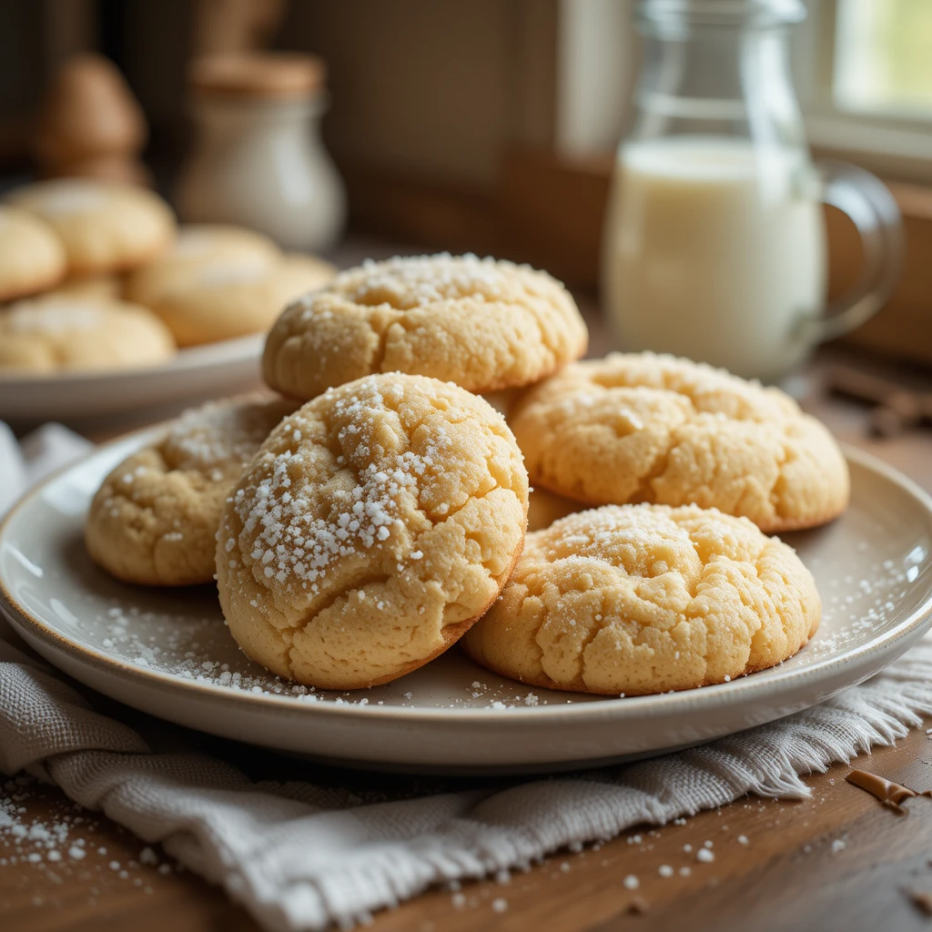 Soft and chewy sugar cookies stacked on a plate