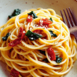 Spaghetti and Spinach With Sun Dried Tomato Cream Sauce 3 Creamy spaghetti with sun dried tomatoes and spinach twirled on a fork