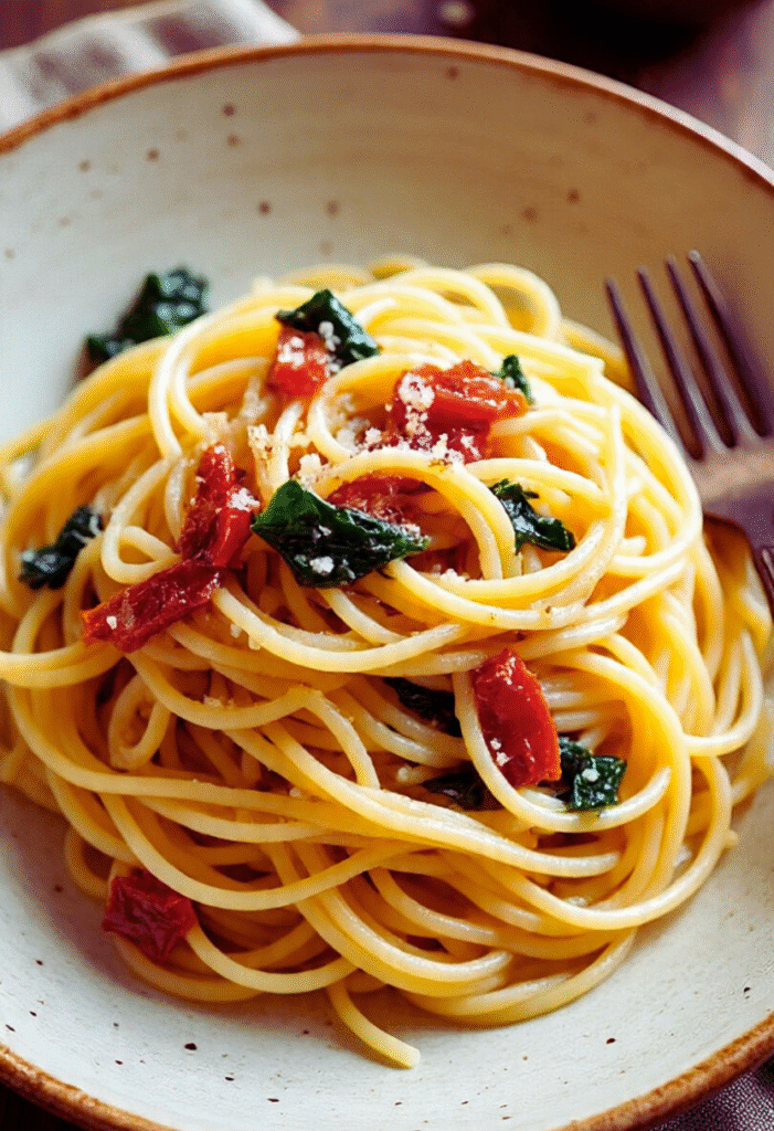 Creamy spaghetti with sun dried tomatoes and spinach twirled on a fork