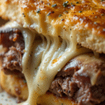 Steak and Cheese Garlic Toast 5 Close-up of steak and cheese garlic toast with melted cheese and juicy steak on crispy garlic bread