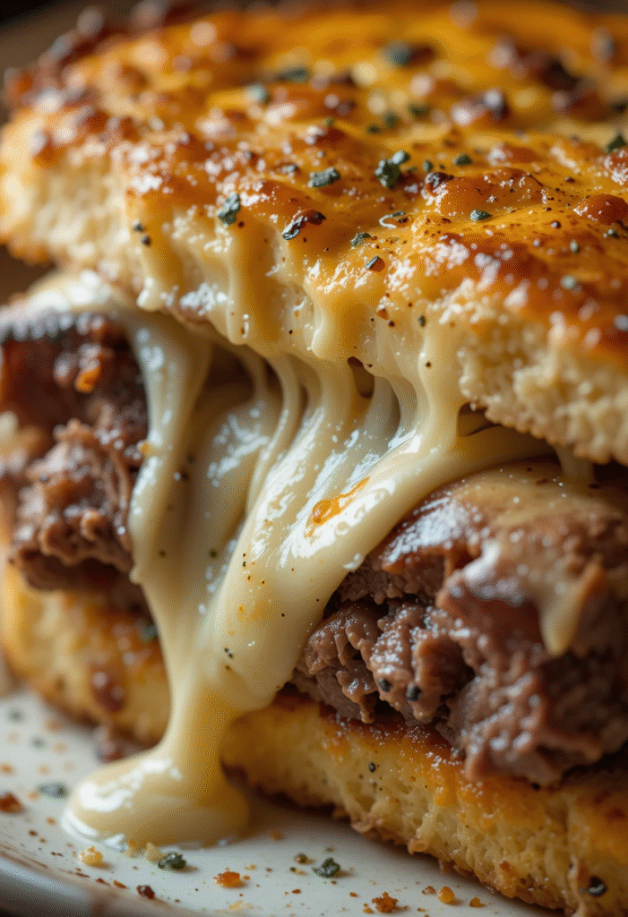 Close-up of steak and cheese garlic toast with melted cheese and juicy steak on crispy garlic bread