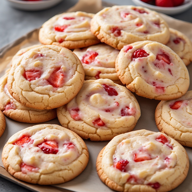 Close-up of Strawberry Cheesecake Cookies with strawberry bits