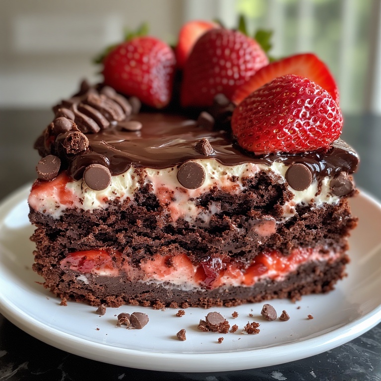 Close-up of Strawberry Earthquake Cake with cream cheese swirls and fresh strawberries
