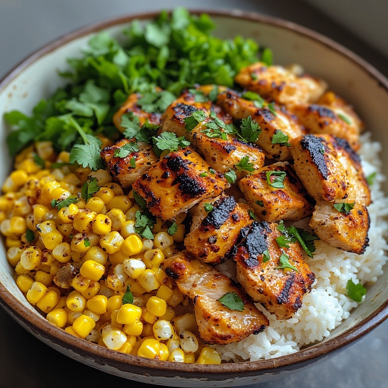 Street Corn Chicken Rice Bowl Recipe 4 Close-up of Street Corn Chicken Rice Bowl with cilantro