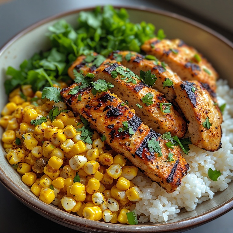 Close-up of Street Corn Chicken Rice Bowl with cilantro