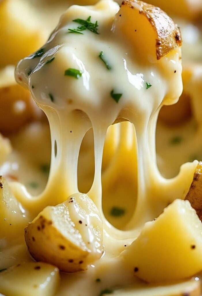 Close-up of creamy swamp potatoes crockpot with melted cheese and herbs