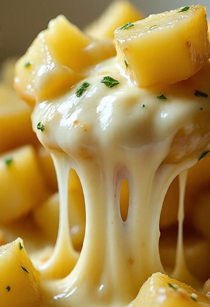 Swamp Potatoes Crockpot 4 Close-up of creamy swamp potatoes crockpot with melted cheese and herbs