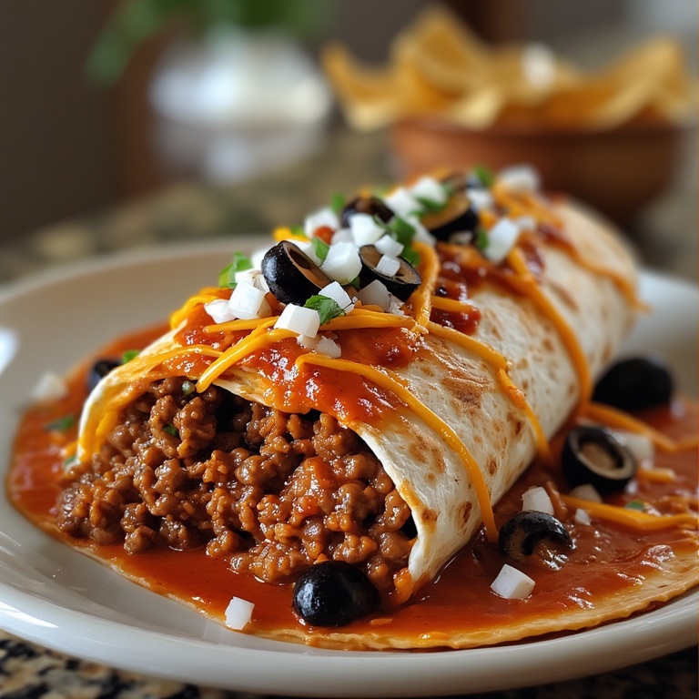 Close-up of Taco Bell Enchirito with olives