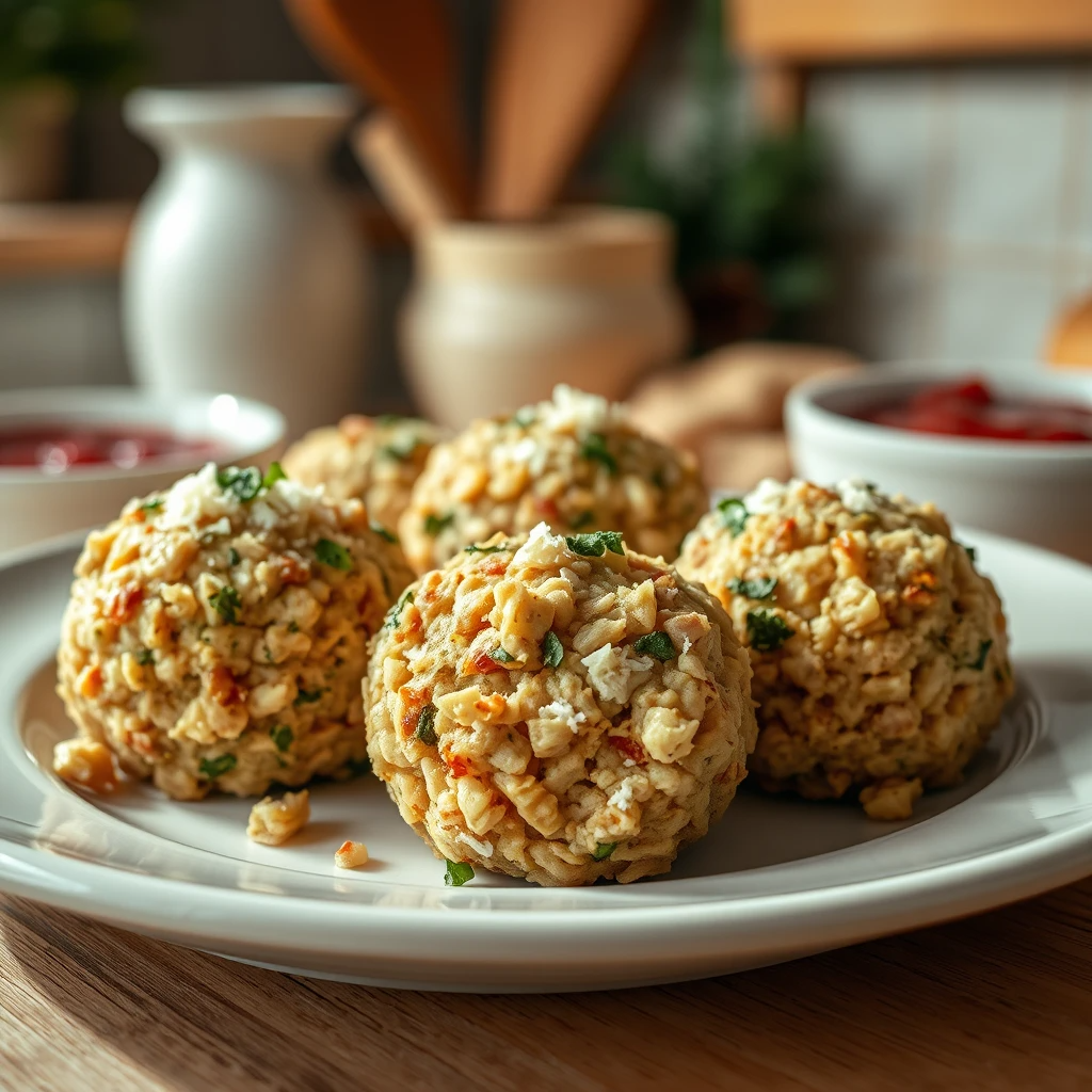 Turkey Stuffing Balls 4 Golden brown turkey stuffing balls on a festive serving platter