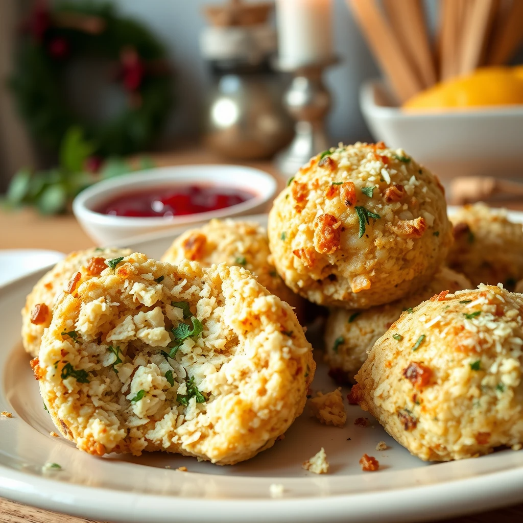 Golden brown turkey stuffing balls on a festive serving platter