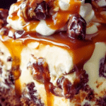 Turtle Caramel Cake 3 Close-up of turtle caramel cake with gooey caramel, melted chocolate, and toasted pecans