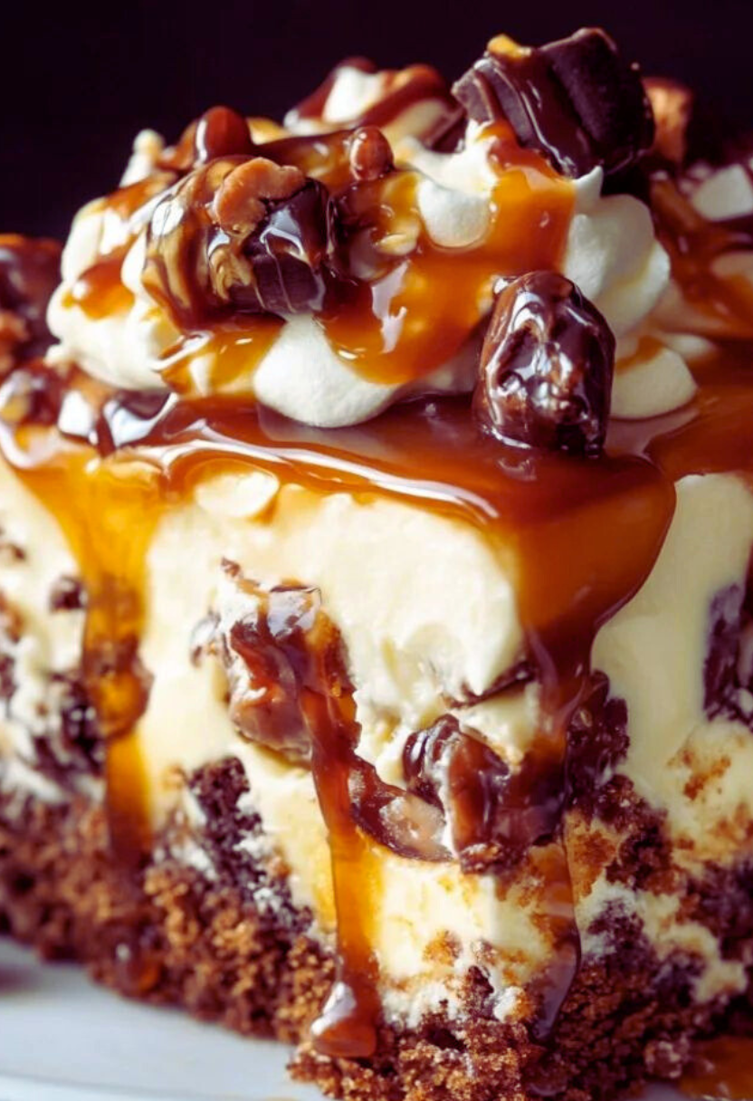 Close-up of turtle caramel cake with gooey caramel, melted chocolate, and toasted pecans