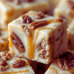 White Chocolate Caramel Pecan Fudge 3 Close-up of white chocolate caramel pecan fudge with gooey swirl