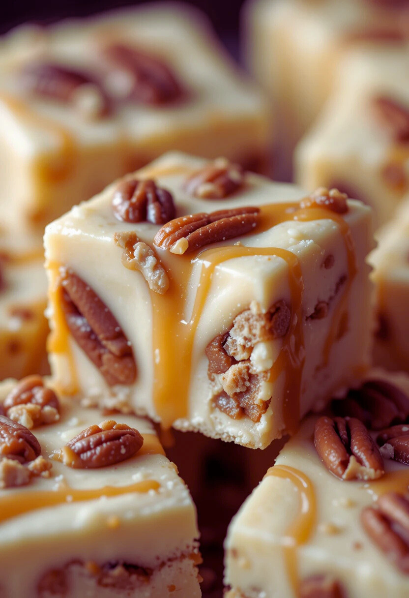 Close-up of white chocolate caramel pecan fudge with gooey swirl