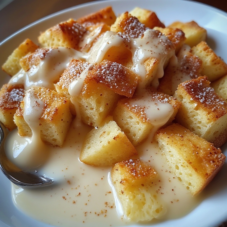 Bread Pudding with Vanilla Sauce Recipe 5 Golden bread pudding drizzled with creamy vanilla sauce on a rustic plate