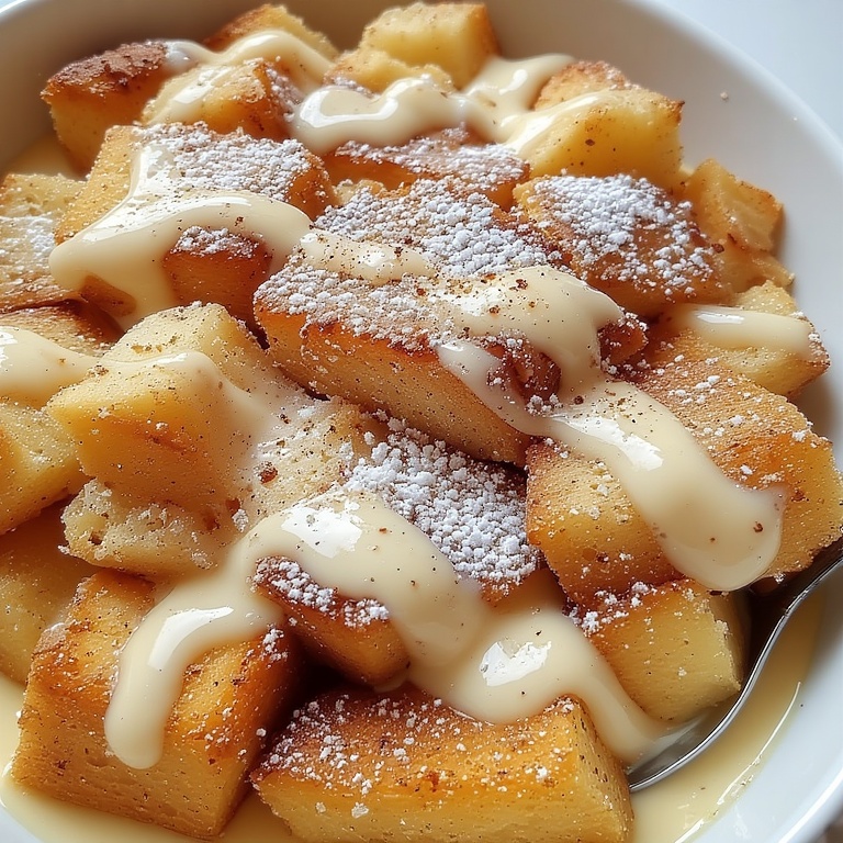 Golden bread pudding drizzled with creamy vanilla sauce on a rustic plate