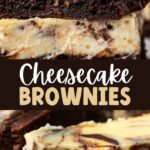 Fudgy cheesecake brownies with creamy swirls on a wooden board