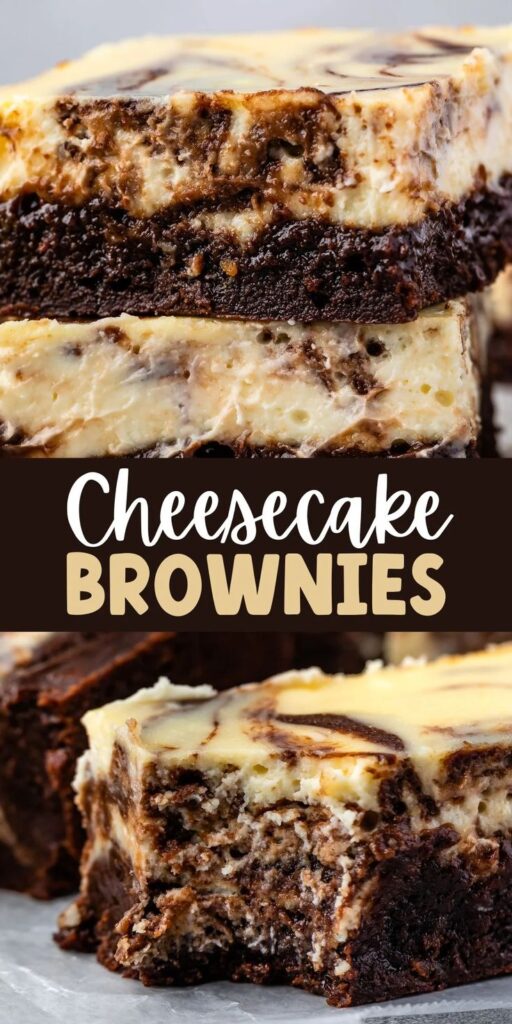 Fudgy cheesecake brownies with creamy swirls on a wooden board