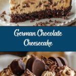 Slice of German chocolate cheesecake with coconut-pecan frosting on a white plate