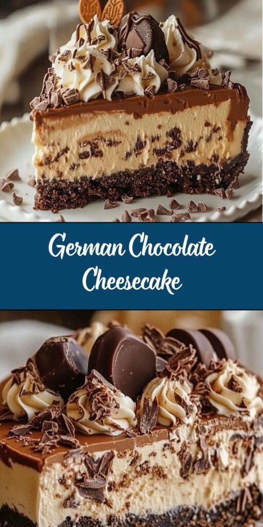 Slice of German chocolate cheesecake with coconut-pecan frosting on a white plate